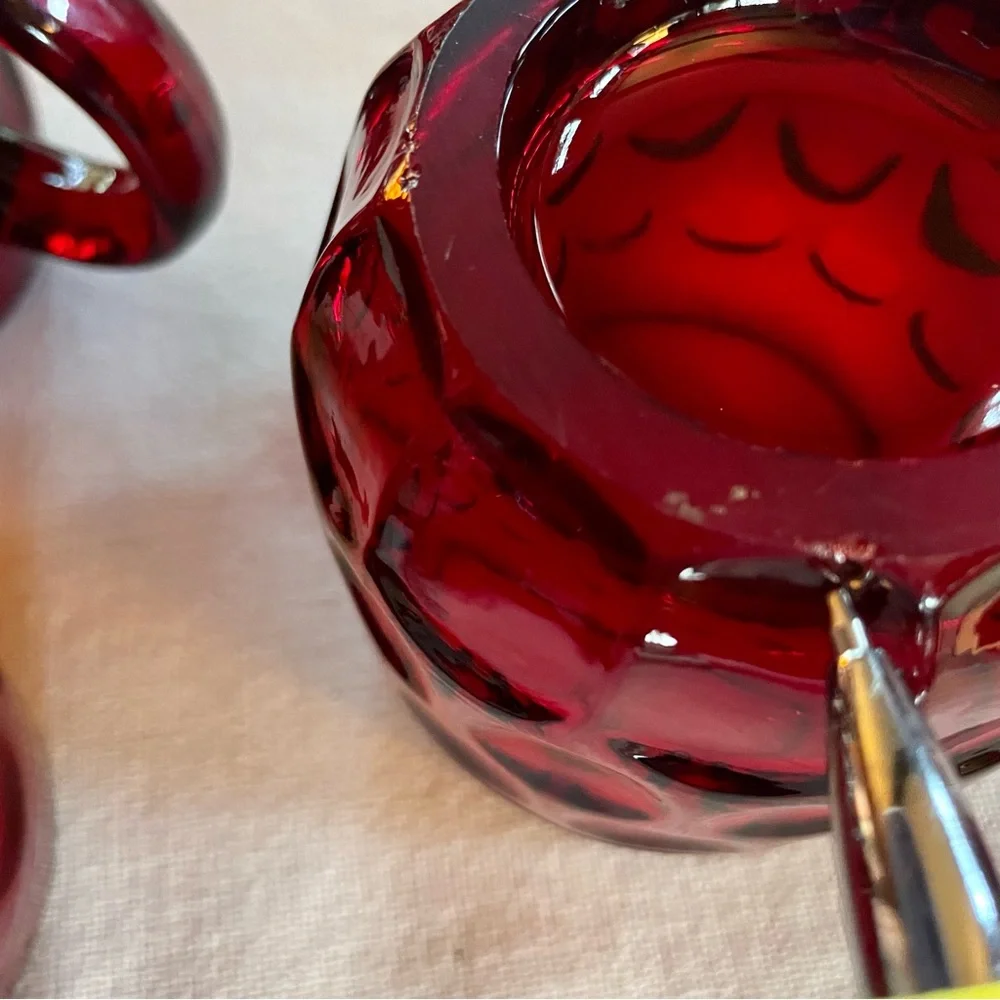 Vintage Ruby Red Mid-century Modern Glass Thumbprint Mugs. Set of 3. 8oz.